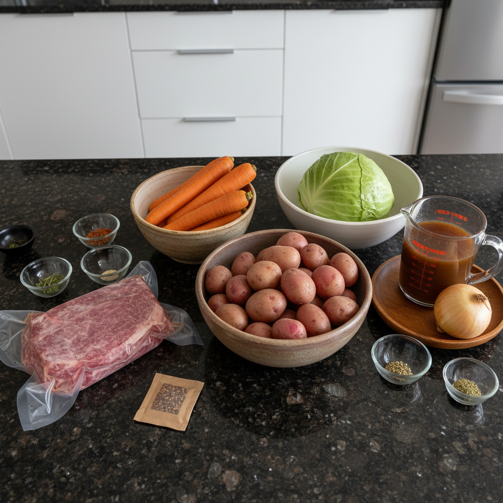 corned-beef-recipes-slow-cooker-ingredients Fresh ingredients laid out for delicious corned beef recipes slow cooker, including a brisket, cabbage, potatoes, carrots, and spices.