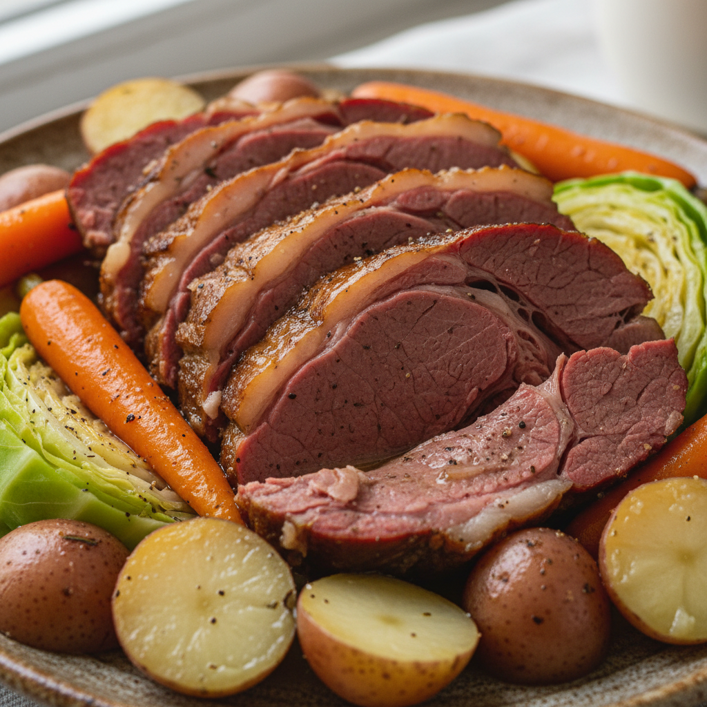 A succulent slice of slow cooker corned beef, tender and juicy, served with vibrant cabbage and potatoes. This is a perfect corned beef recipes slow cooker dish.