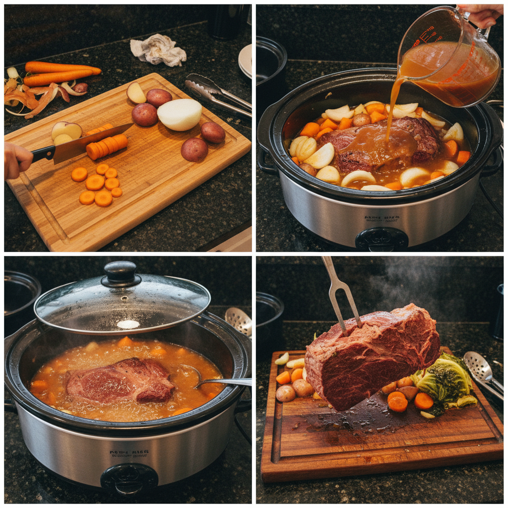 corned-beef-recipes-slow-cooker-prep Corned beef brisket nestled with vegetables and spices in a slow cooker, simmering to create tender corned beef recipes slow cooker.
