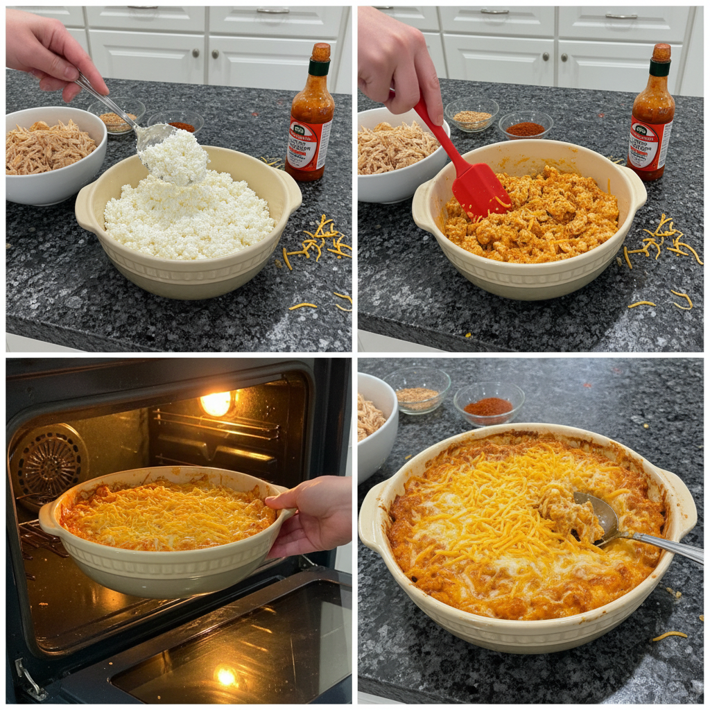 cottage-cheese-buffalo-chicken-dip-prep Hands stirring a creamy mixture of cottage cheese, shredded chicken, and buffalo sauce in a bowl, preparing cottage cheese buffalo chicken dip.