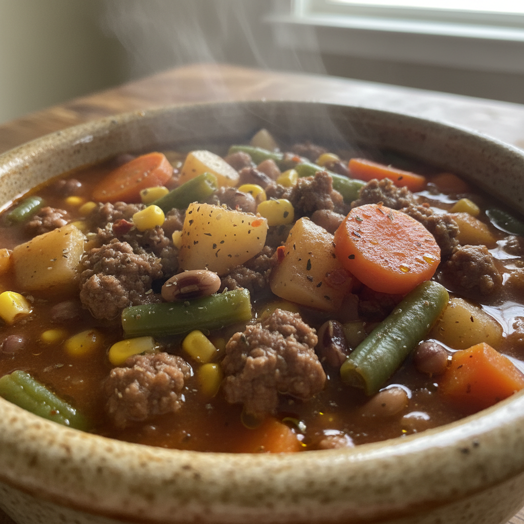 A rustic bowl of hearty cowboy soup, rich with ground beef, beans, and vegetables, garnished with fresh cilantro.