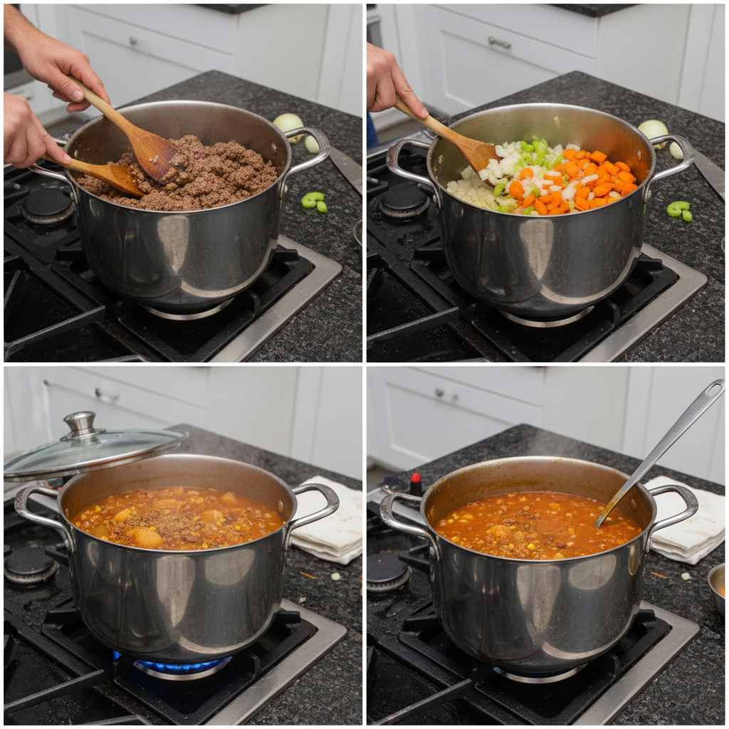 cowboy-soup-prep-step Ground beef browning in a large Dutch oven with onions and garlic, an early step in preparing cowboy soup.