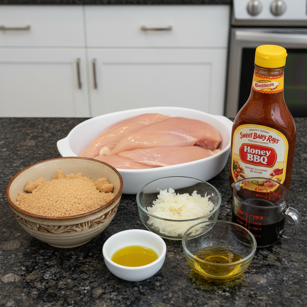 Fresh chicken breasts, BBQ sauce, onions, and spices laid out as ingredients for a Crockpot BBQ Chicken recipe.