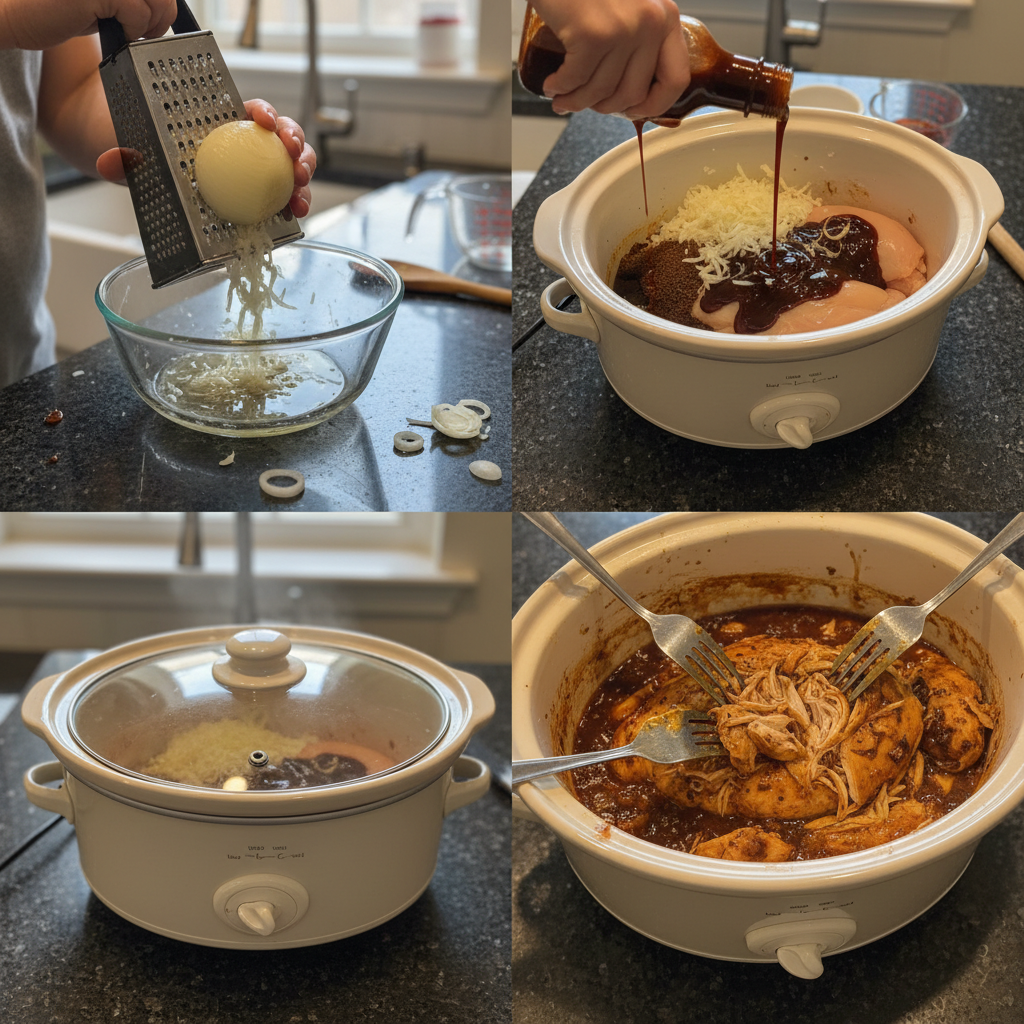 Chicken breasts, sauce, and seasonings being added to a slow cooker for Crockpot BBQ Chicken preparation.