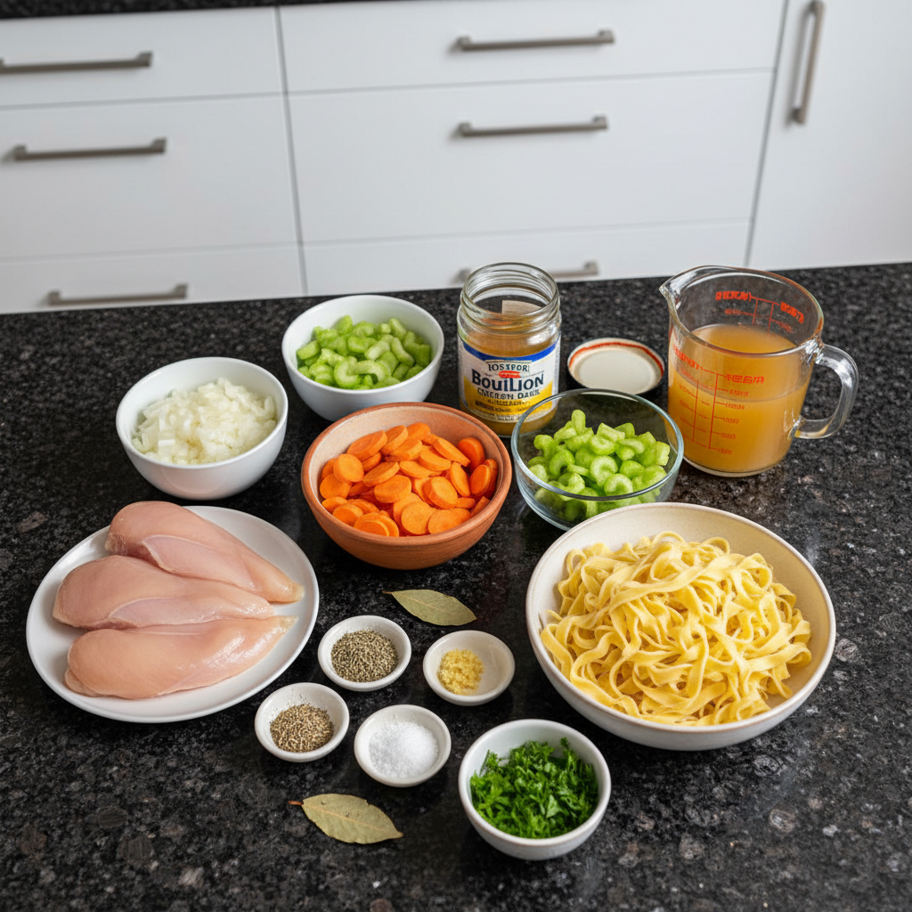 crockpot-chicken-noodle-soup-ingredients Fresh ingredients for a crockpot chicken noodle soup recipe, including chicken breast, noodles, carrots, celery, and herbs.