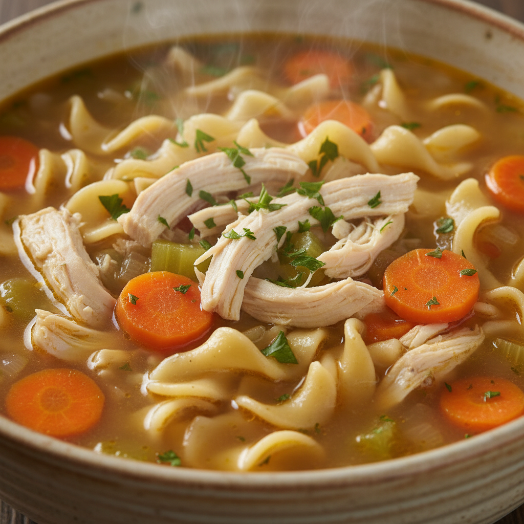 A steaming bowl of homemade crockpot chicken noodle soup with tender chicken, egg noodles, and vegetables.