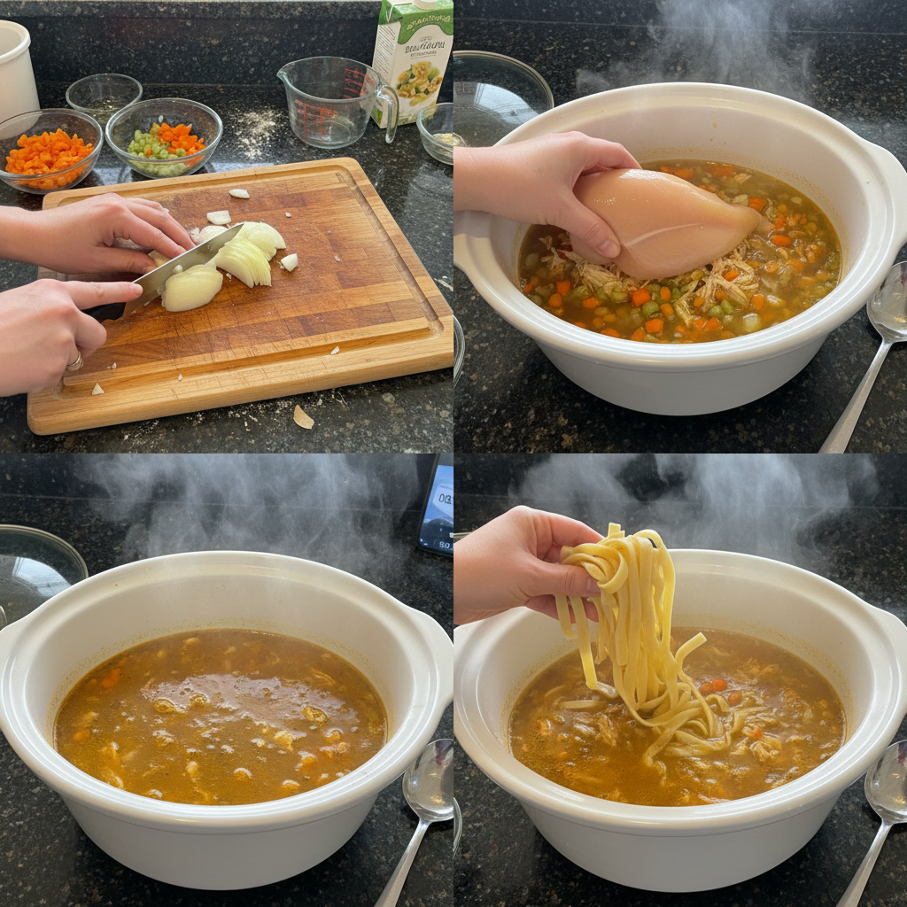 crockpot-chicken-noodle-soup-prep-steps Hand adding chopped vegetables to a slow cooker for crockpot chicken noodle soup preparation.