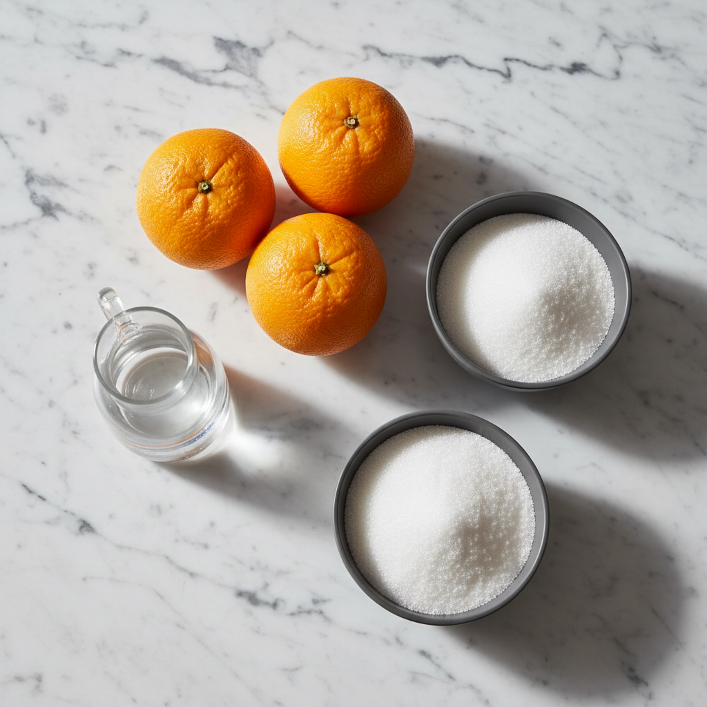 Flat lay of Citrus Sinensis, sucrose, and a candy thermometer for a Candied Orange Peel Recipe on a contemporary countertop.