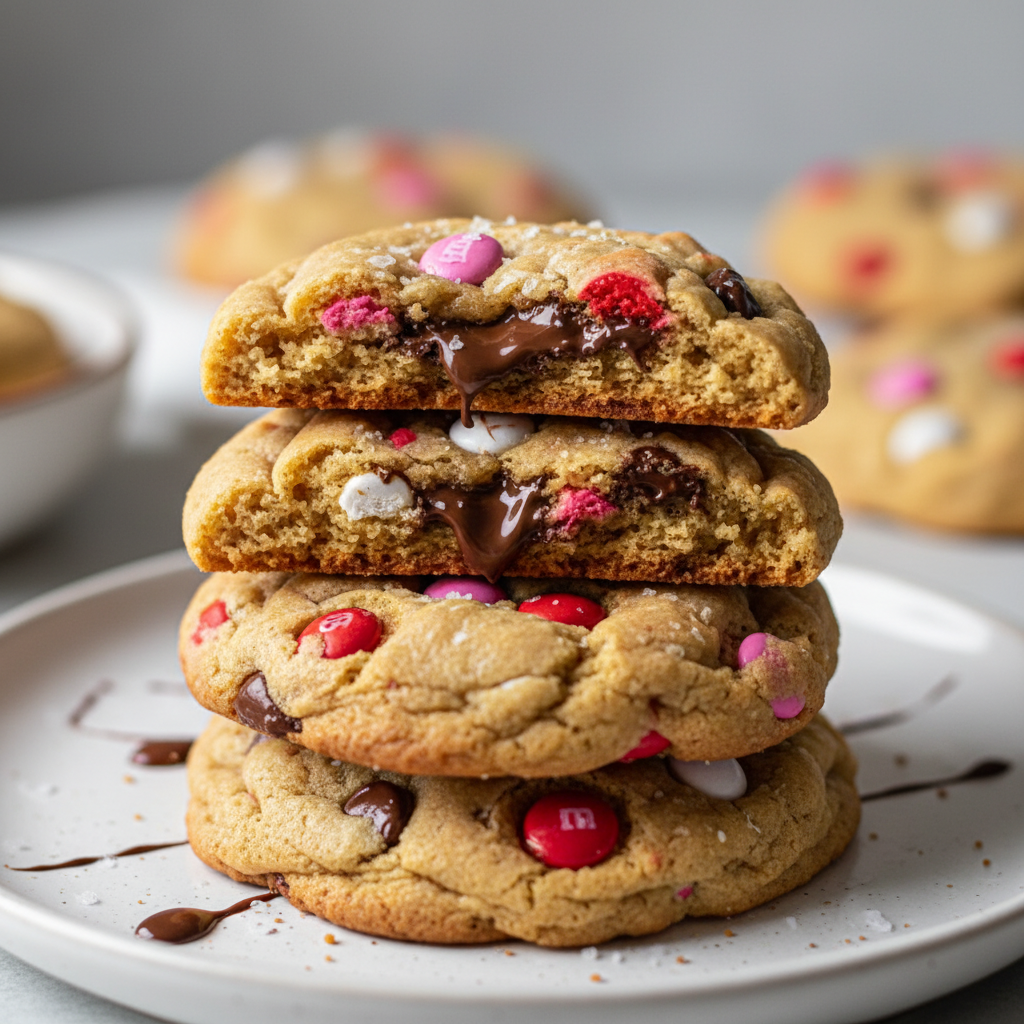 A vibrant plate of soft, chewy Festive Valentine M&M Cookies, studded with red, pink, and white candies.