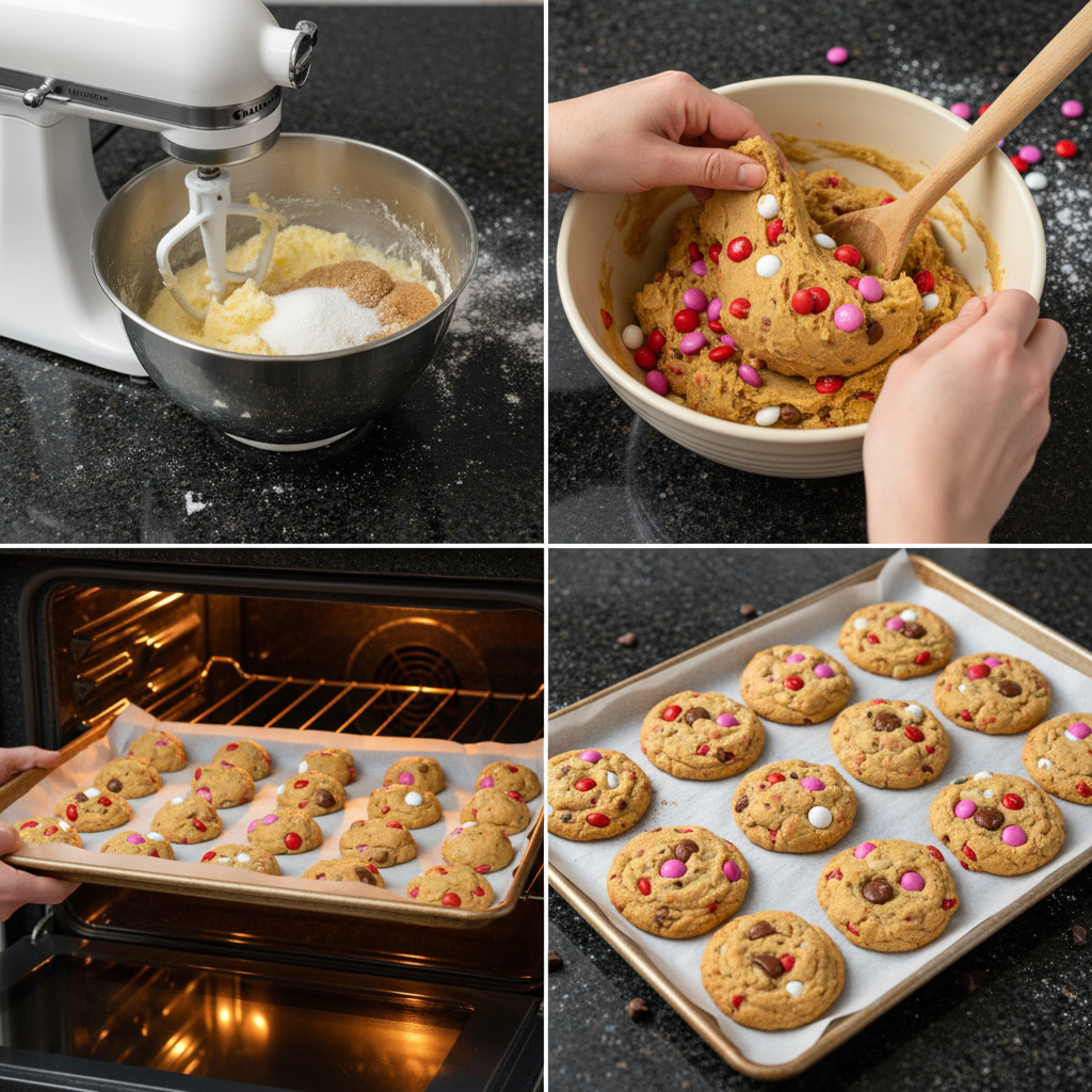 Hands mixing dough with Festive Valentine M&M Cookies candies, showing the preparation stage of the recipe.