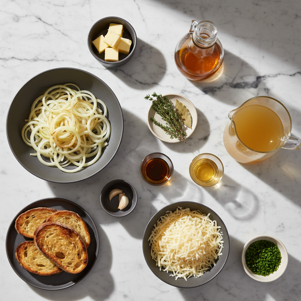 Flat lay of onion soup ingredients including fresh alliums, beef consommé, and white miso paste on a contemporary countertop.