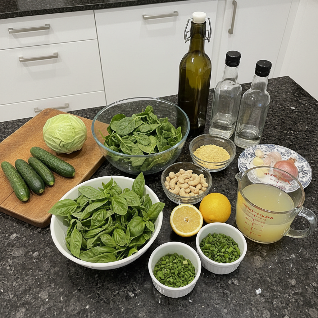 Fresh ingredients for a green goddess salad, including leafy greens, herbs, and avocado, neatly arranged on a wooden board.
