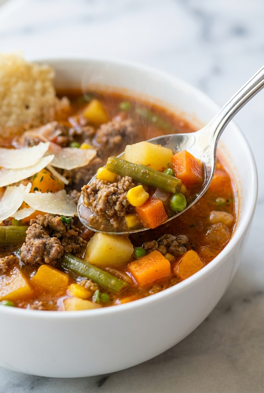 Close-up of hamburger vegetable soup simmering in a Dutch oven, highlighting the rich texture and deglazing process.