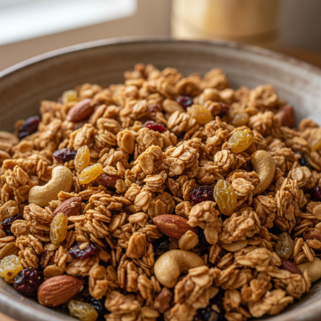 A close-up shot of golden-brown homemade granola in a rustic bowl, sprinkled with berries.