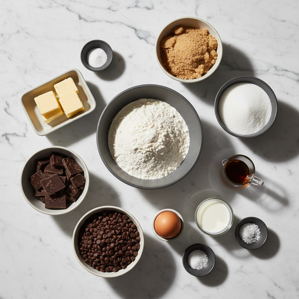 Flat lay of ingredients for brown butter chocolate chip cookies including couverture chocolate, milk solids, and flaky sea salt.