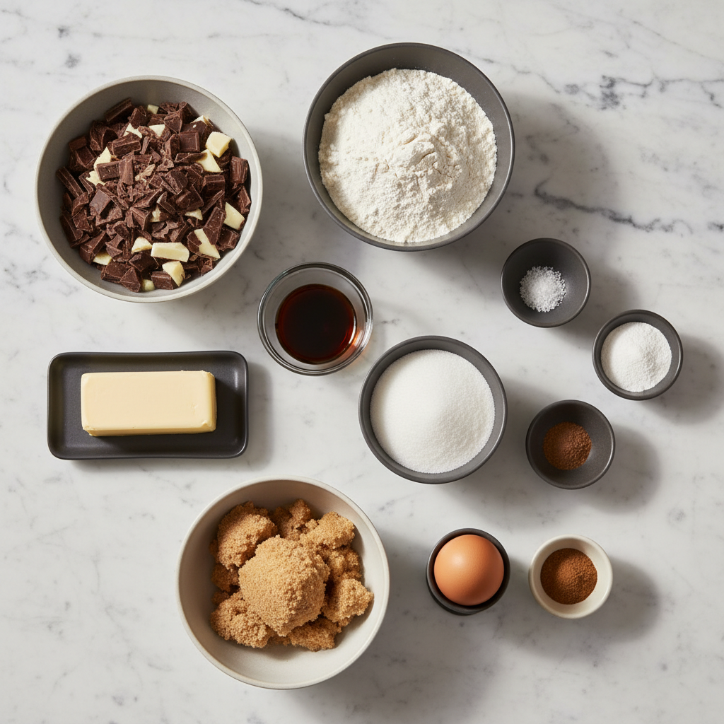 Overhead flat lay of chocolate chip cookies recipe ingredients including semisweet chocolate, all-purpose flour, and vanilla bean paste on a contemporary countertop.