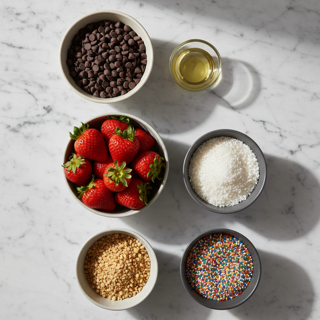 Flat lay of semi-sweet chocolate, espresso powder, and fresh strawberries on a contemporary white countertop with soft shadows.