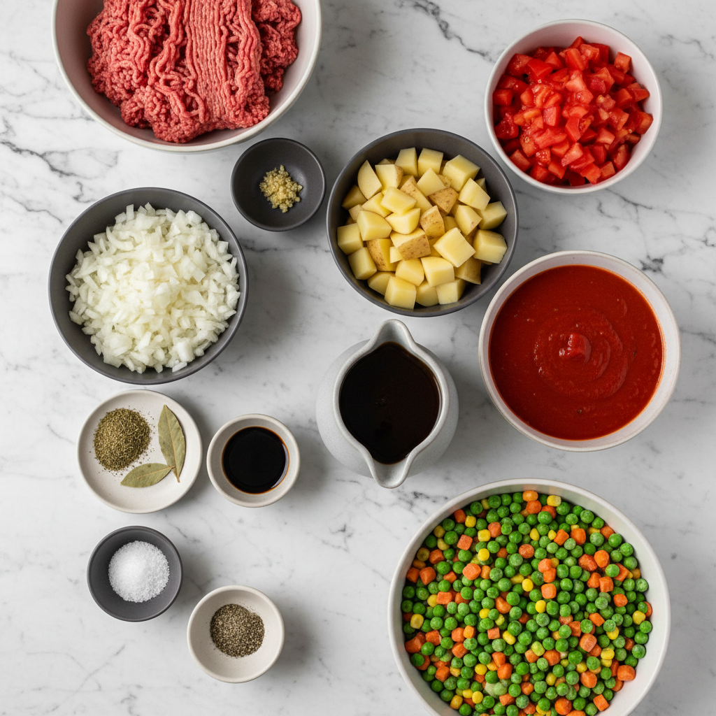 Flat lay of lean ground beef, mirepoix, and condensed tomato soup on a contemporary white countertop in natural lighting.