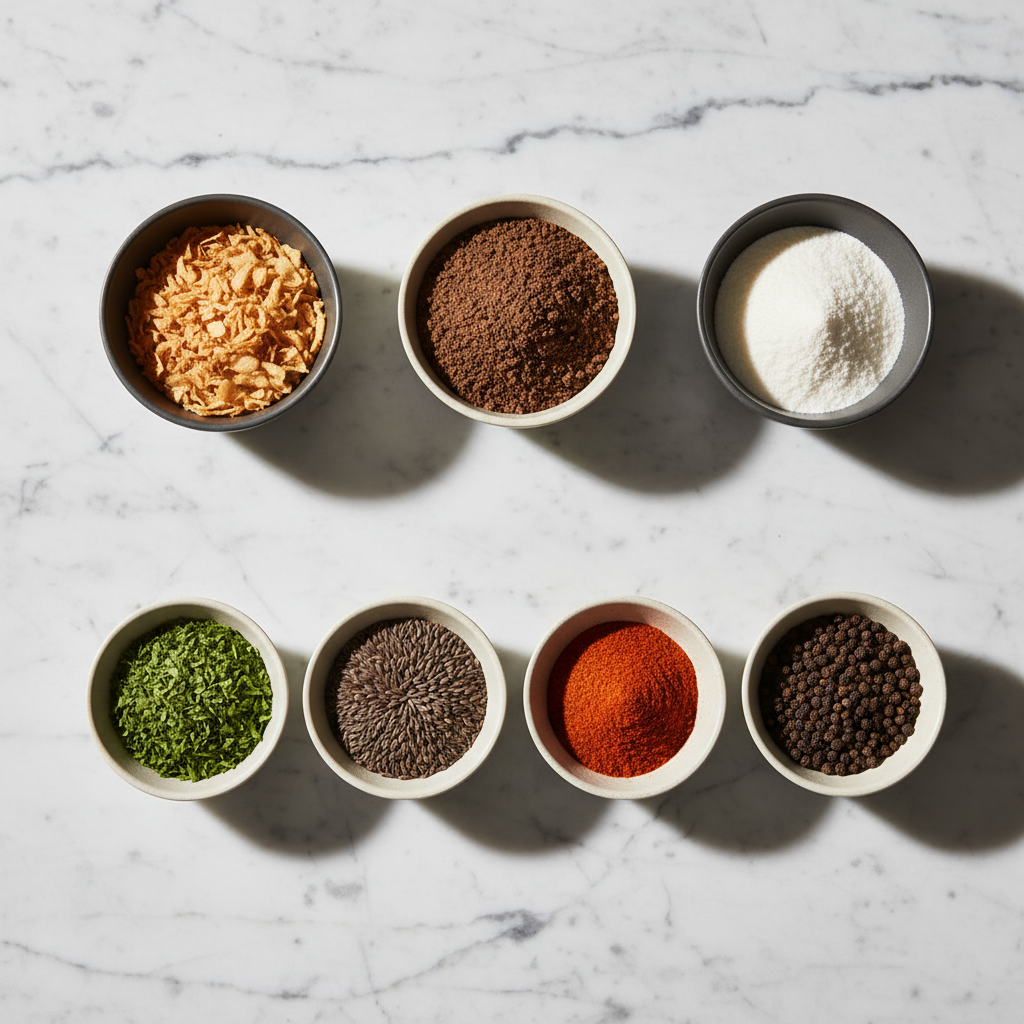Flat lay of dehydrated onions, beef bouillon granules, and mushroom powder for onion soup mix recipe on a contemporary countertop.