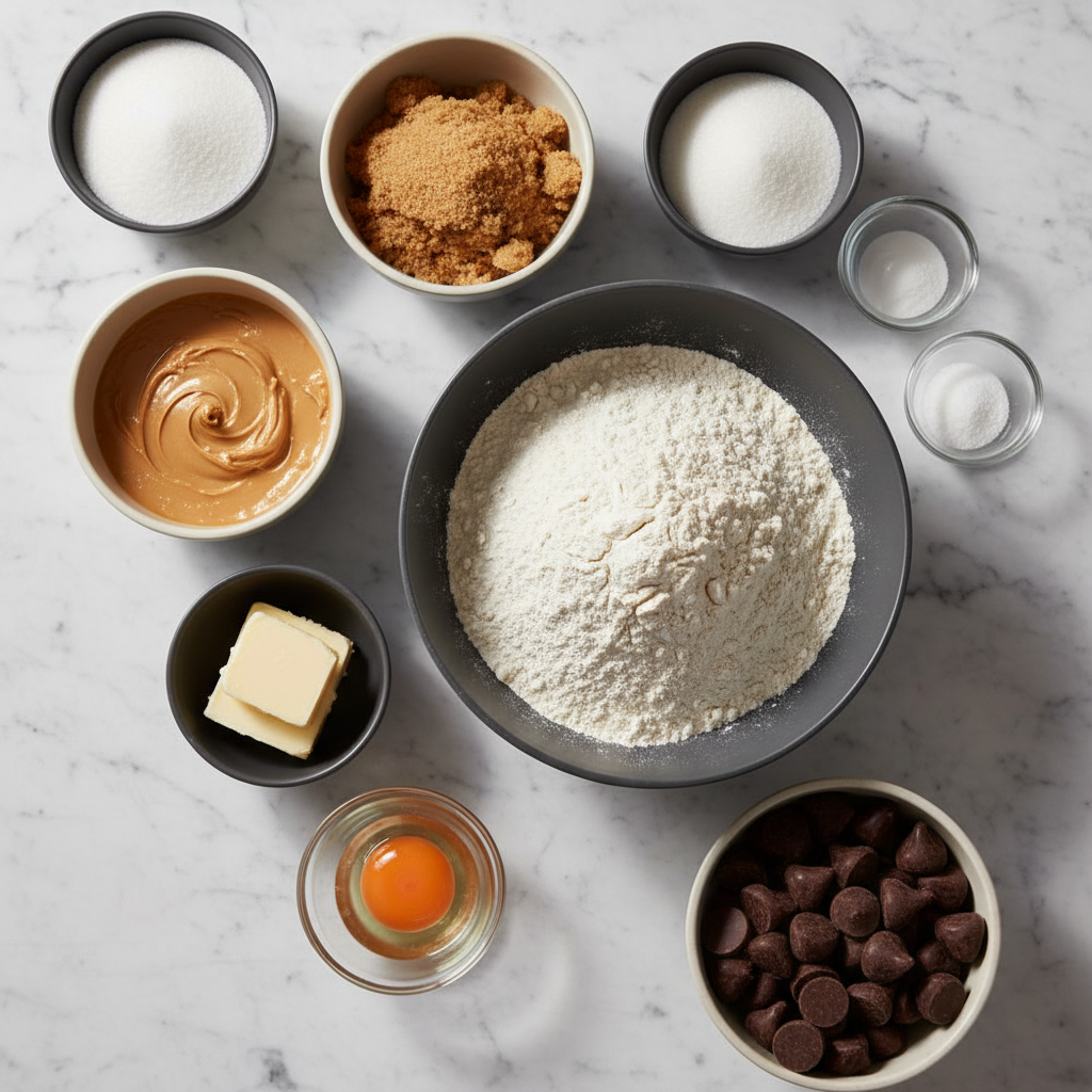 Overhead flat lay of peanut butter blossom cookies ingredients including creamy peanut butter, brown sugar, and unsalted butter on marble.