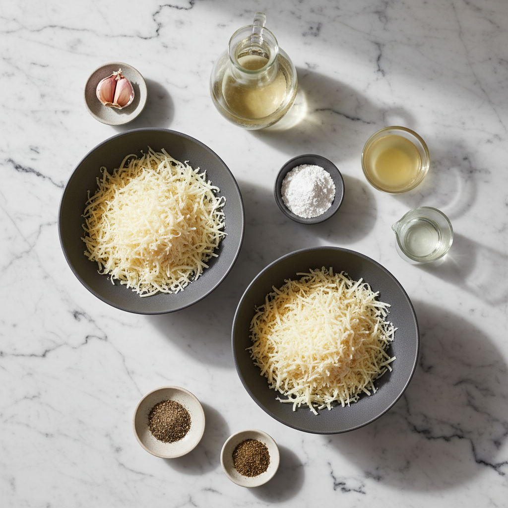 Flat lay of Gruyère AOP, Emmentaler, and dry white wine on a contemporary white countertop for Swiss cheese fondue.