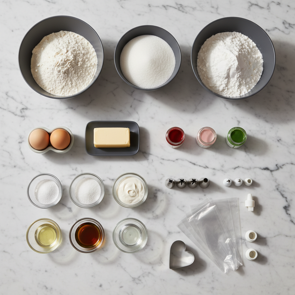 Flat lay of ingredients for valentine sugar cookies including unsalted butter, all-purpose flour, and vanilla bean paste.