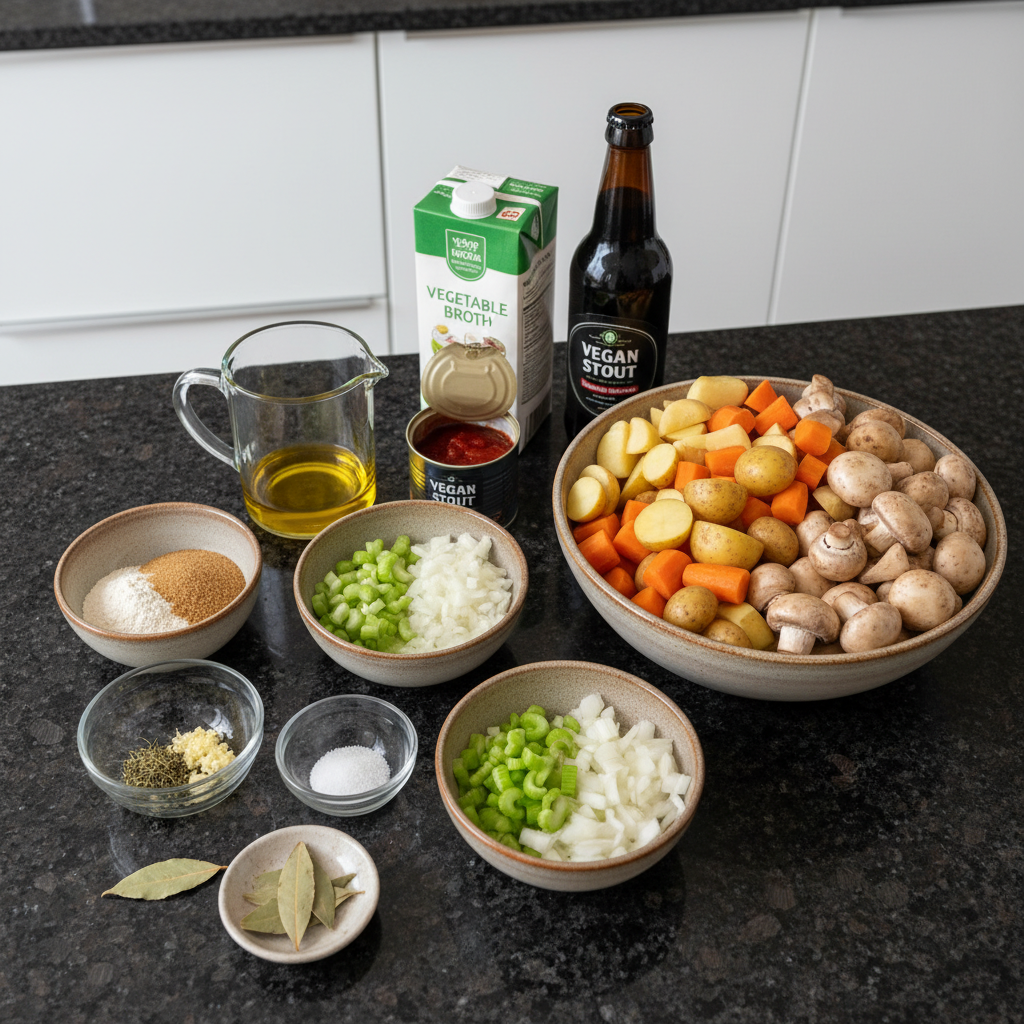 irish-vegetarian-stew-ingredients Fresh, colorful ingredients for Irish Vegetarian Stew laid out on a rustic wooden board, ready for preparation.