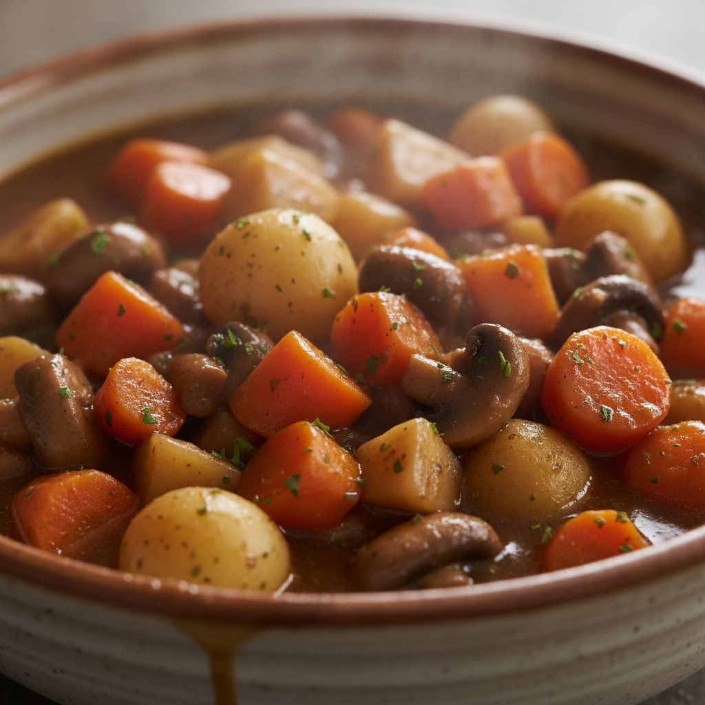 A rustic bowl of hearty Irish Vegetarian Stew, brimming with root vegetables and herbs.