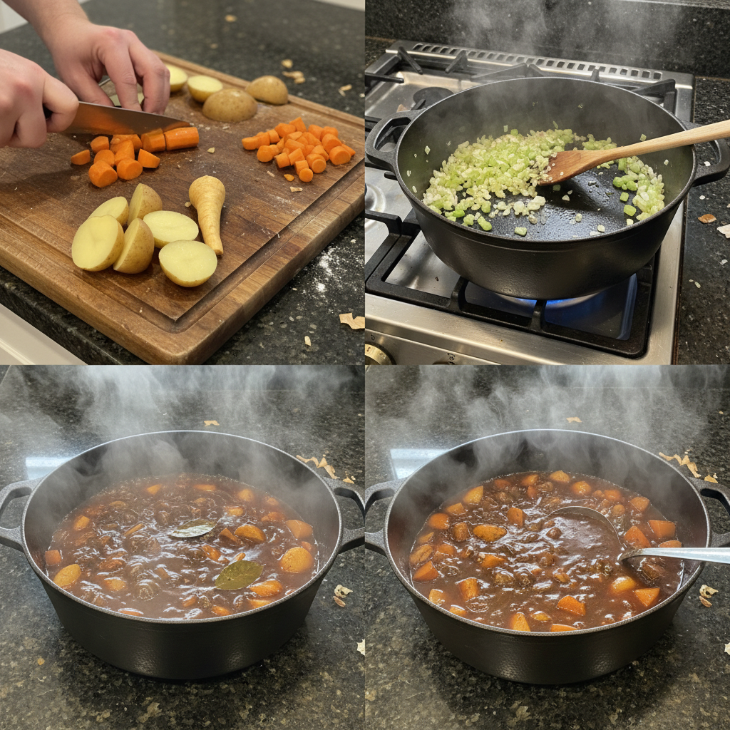 irish-vegetarian-stew-preparation A hand chopping carrots and potatoes on a wooden cutting board, essential for a delicious Irish Vegetarian Stew.