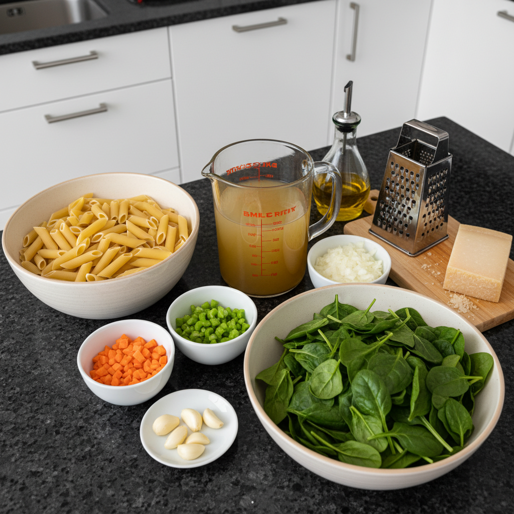 italian-penicillin-soup-ingredients Fresh ingredients for Italian Penicillin Soup laid out on a rustic wooden board, including chicken, pasta, herbs, and various vegetables.