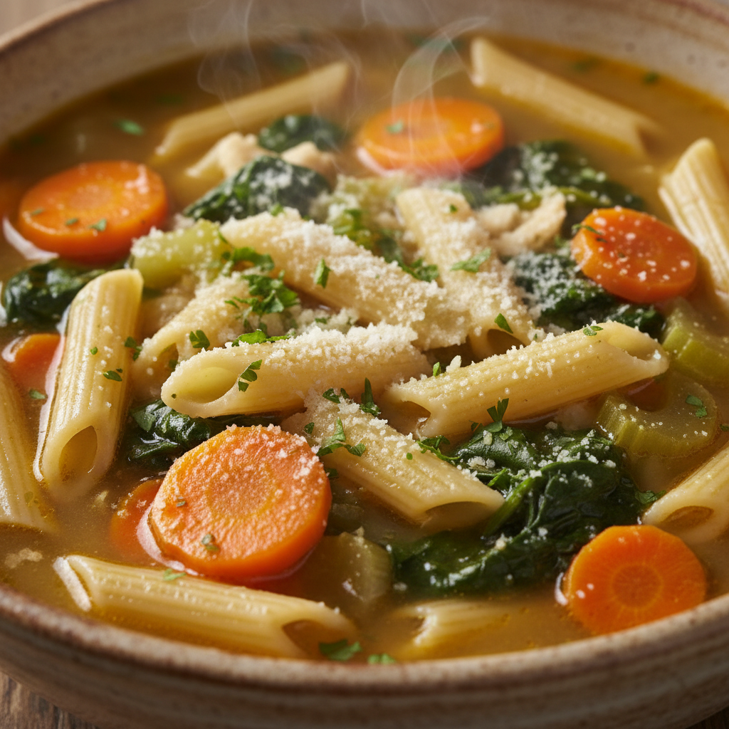 A steaming bowl of Italian Penicillin Soup with chicken, small pasta, and vibrant vegetables, garnished with fresh parsley.