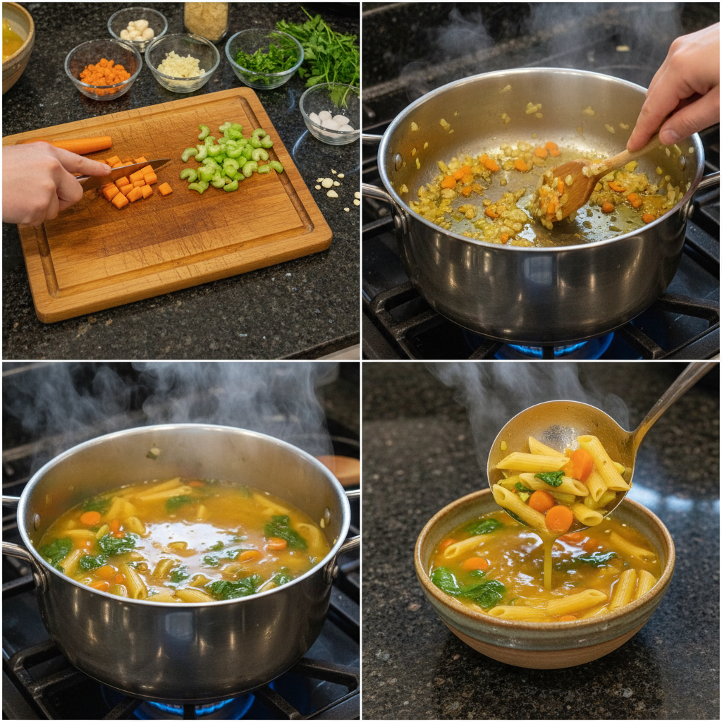 italian-penicillin-soup-prep-step A chef's hands dicing aromatic vegetables and browning chicken in a large pot on the stove for Italian Penicillin Soup.