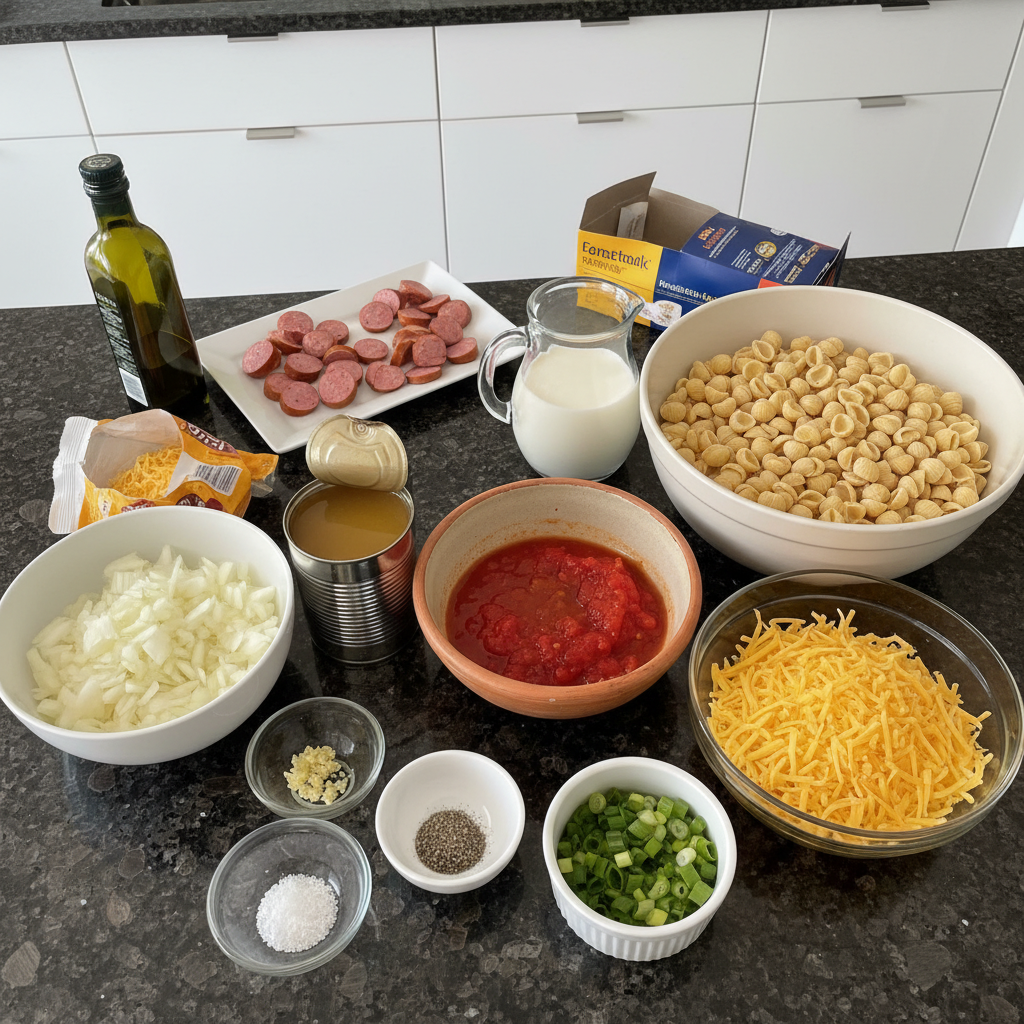 Fresh ingredients laid out for making delicious kielbasa pasta, including sausage, pasta, and vegetables.