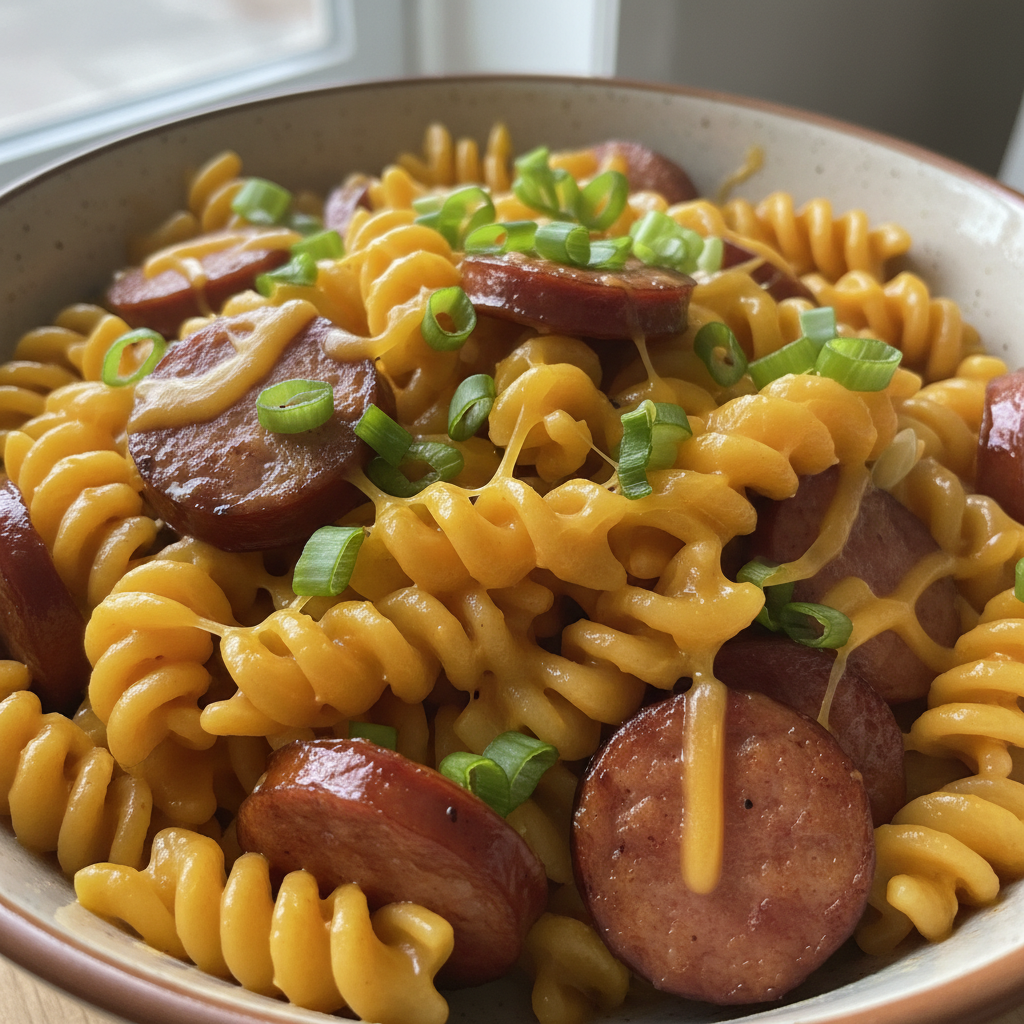 A vibrant plate of creamy kielbasa pasta, garnished with fresh parsley, ready to be served.