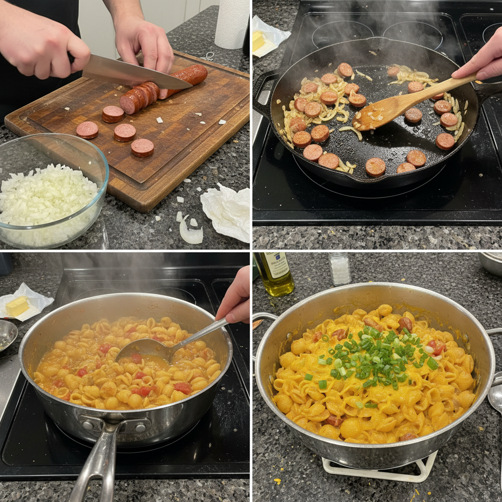 Sliced kielbasa browning in a pan with onions and peppers, a key step in preparing kielbasa pasta.