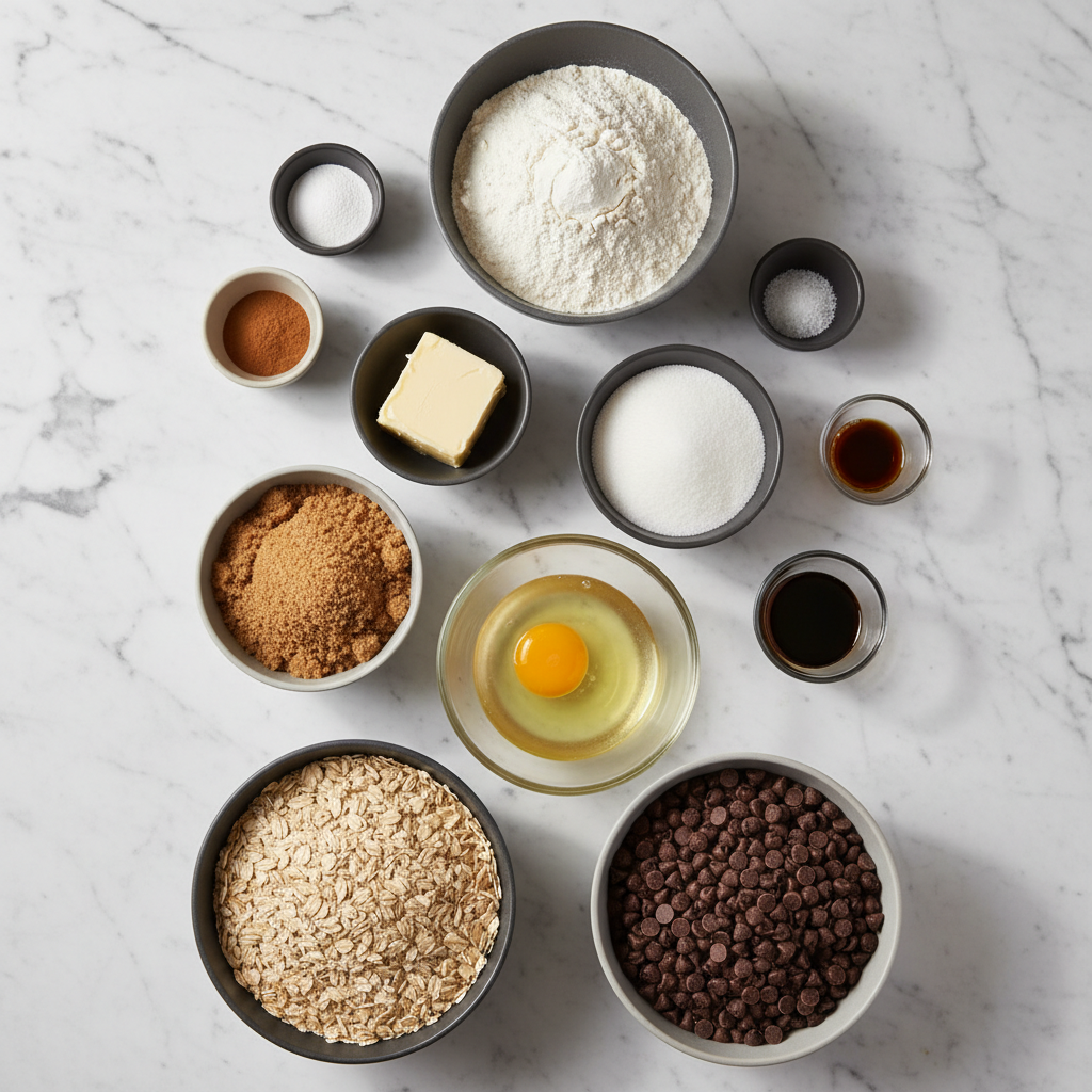 Flat lay of old-fashioned rolled oats, semi-sweet chocolate chips, and dark brown sugar for this oatmeal chocolate chip cookie recipe.