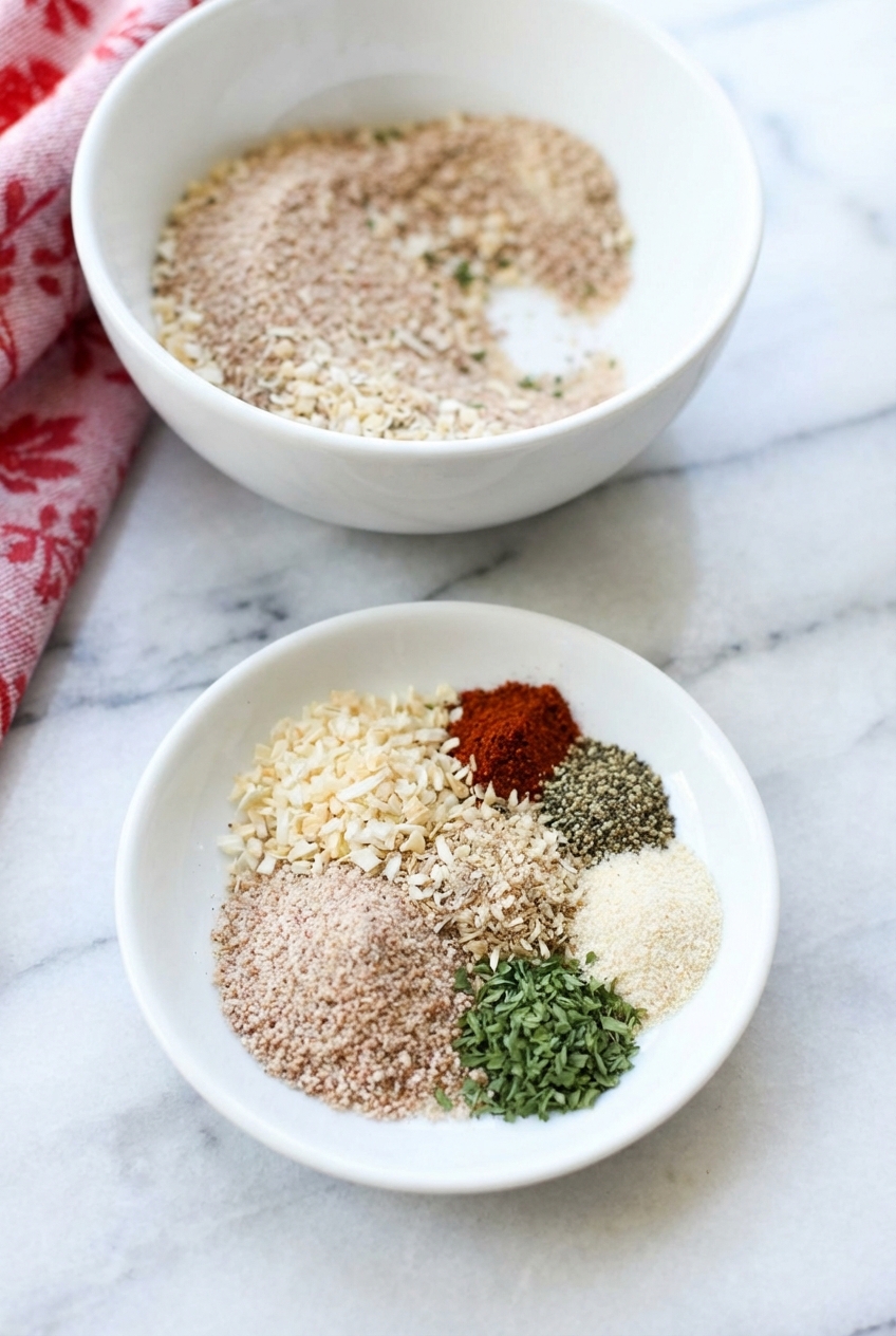 Lifestyle shot of onion soup mix recipe stored in a glass airtight container on a white marble surface with soft shadows.