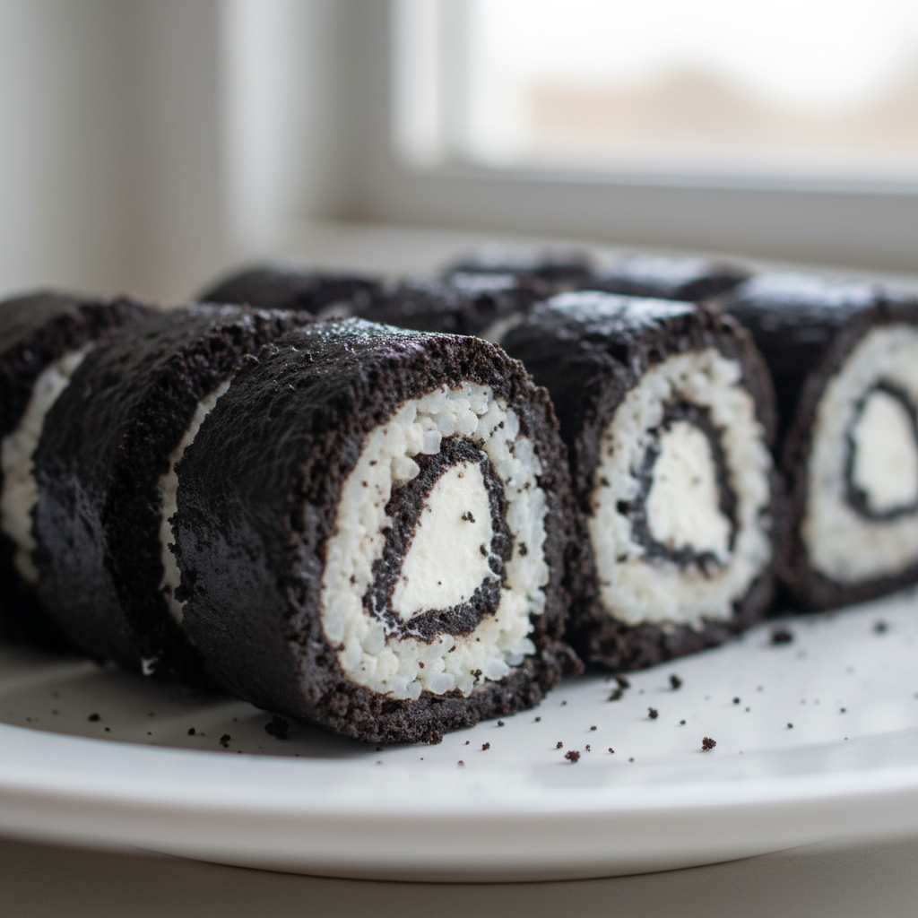 A beautifully arranged plate of oreo sushi rolls, showcasing the creamy filling and chocolate drizzle.