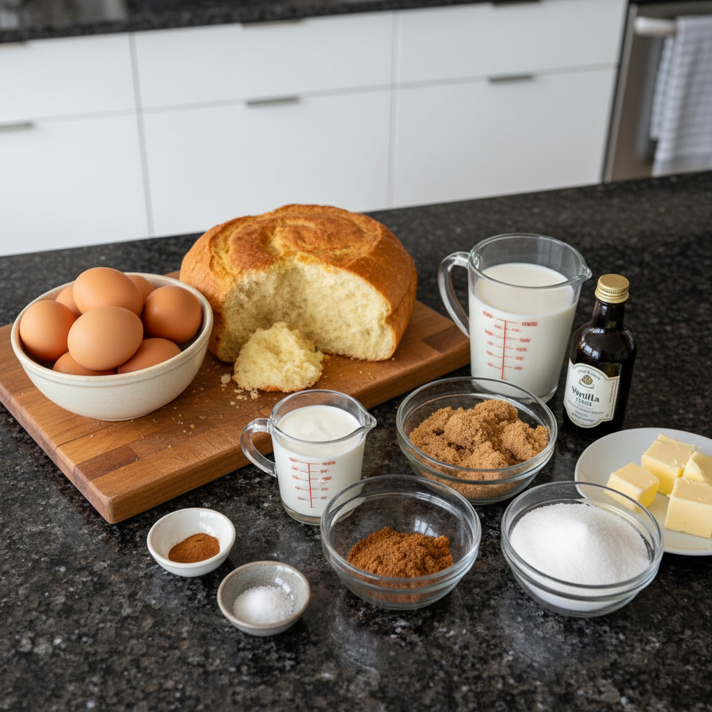 Fresh ingredients for an overnight french toast casserole including bread, eggs, milk, sugar, and cinnamon on a wooden board.