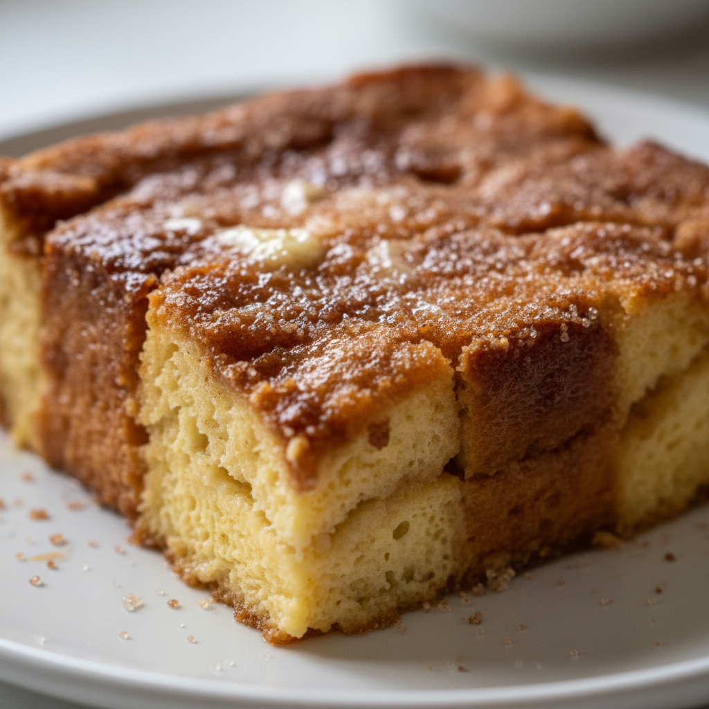 A golden-brown overnight french toast casserole with a dusting of powdered sugar and fresh berries, ready to serve.