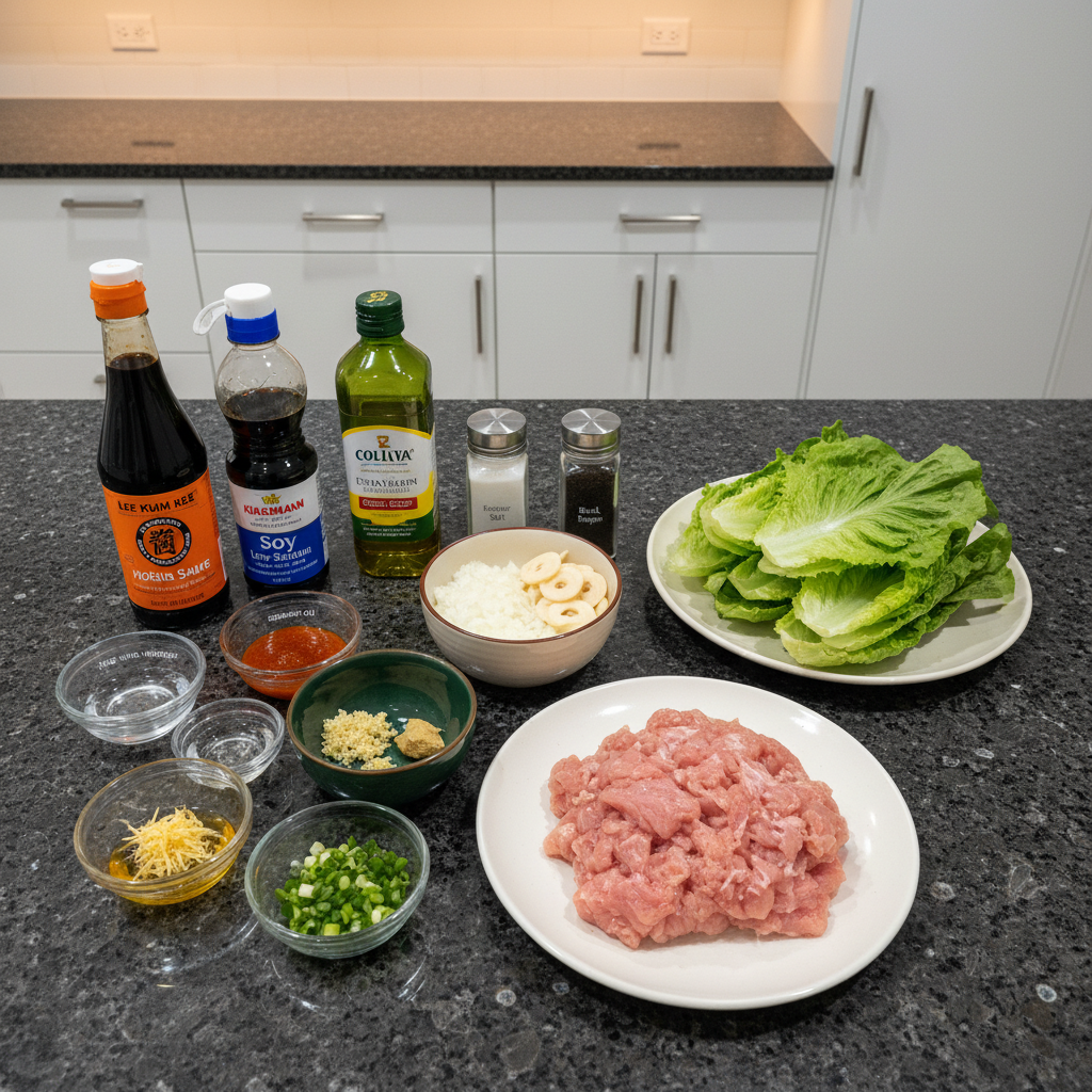 Fresh ingredients laid out for making delicious PF Chang’s Lettuce Wraps, including ground chicken, water chestnuts, and crisp lettuce.