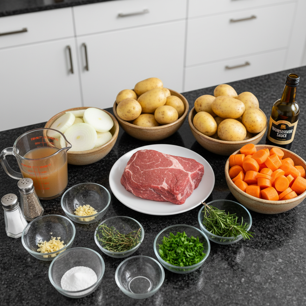 pot-roast-slow-cooker-ingredients Fresh ingredients for pot roast slow cooker, including beef chuck, carrots, potatoes, and onions on a cutting board.