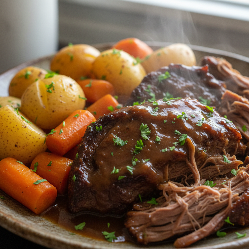 Tender pot roast slow cooker meal, rich with vegetables and gravy, served on a white platter.