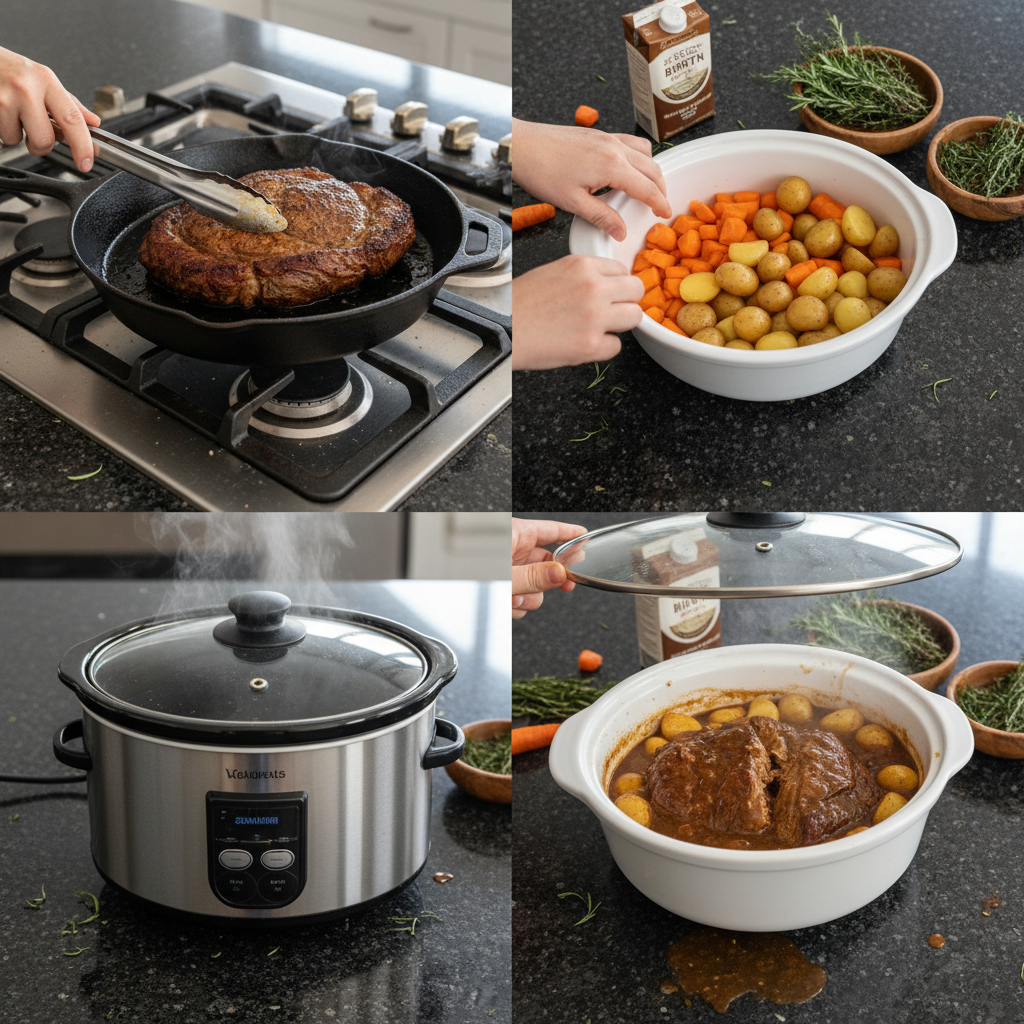 pot-roast-slow-cooker-prep-cooking Beef and vegetables simmering in a pot roast slow cooker, ready to be slow-cooked to perfection.