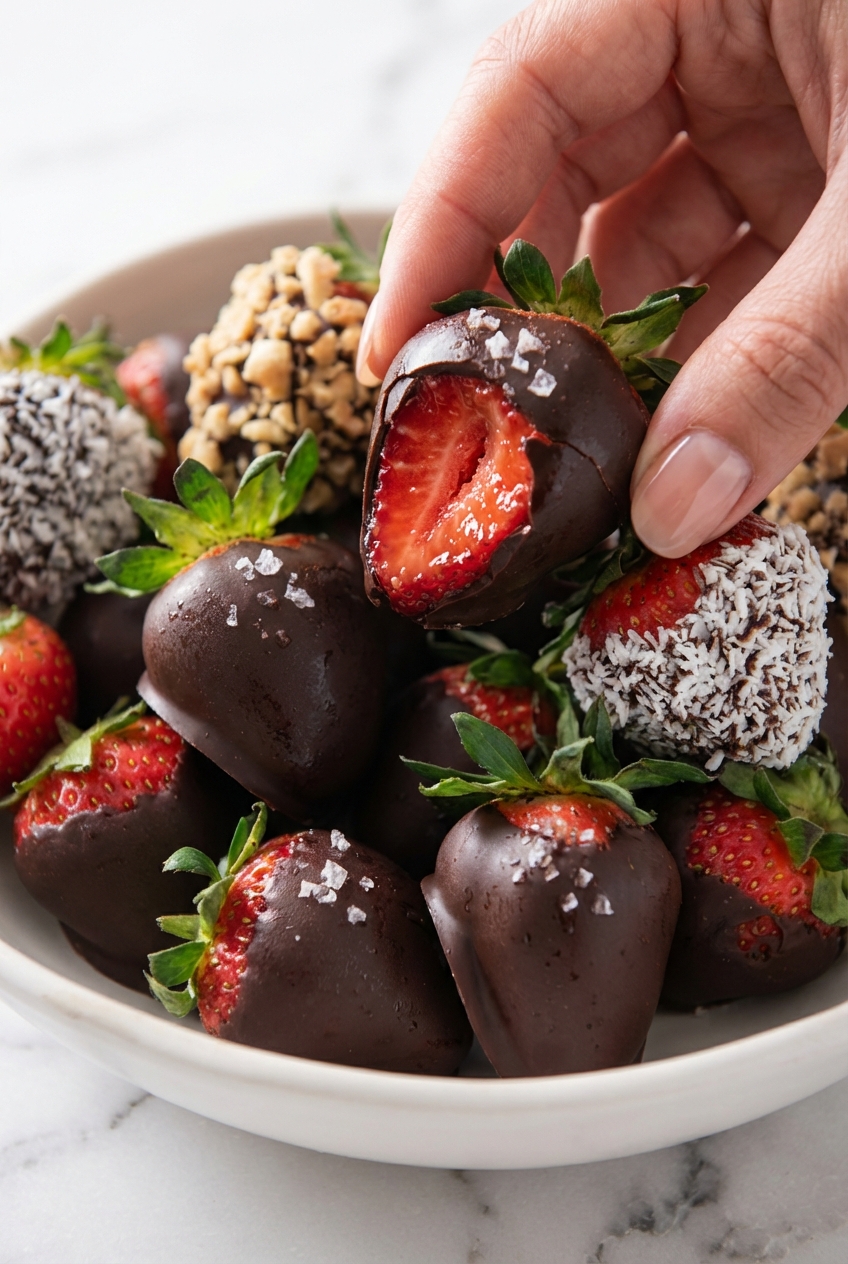 Glossy chocolate covered strawberries arranged in a minimalist ceramic vessel under natural window lighting.