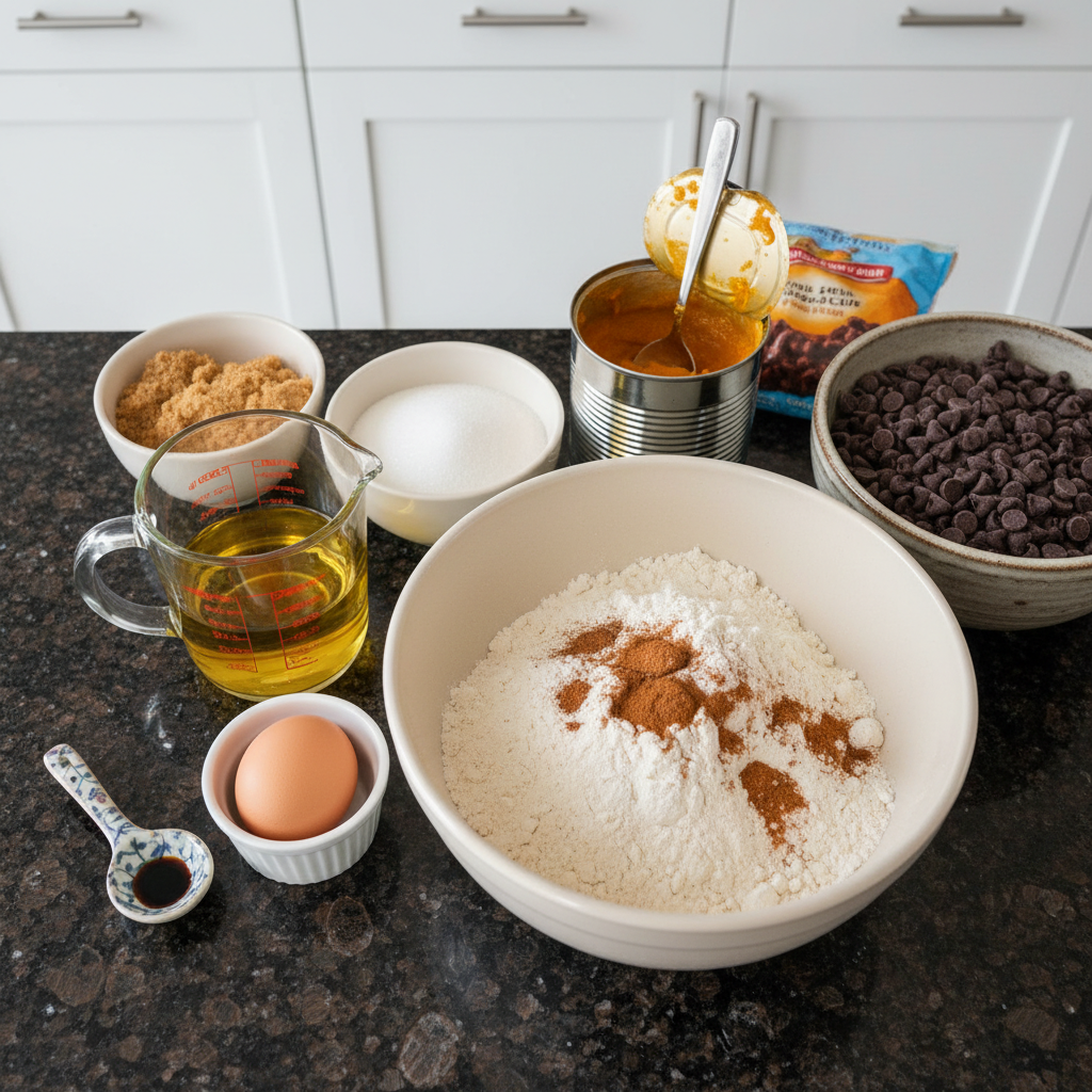 Fresh pumpkin puree, chocolate chips, flour, and spices laid out for making pumpkin chocolate chip cookies.