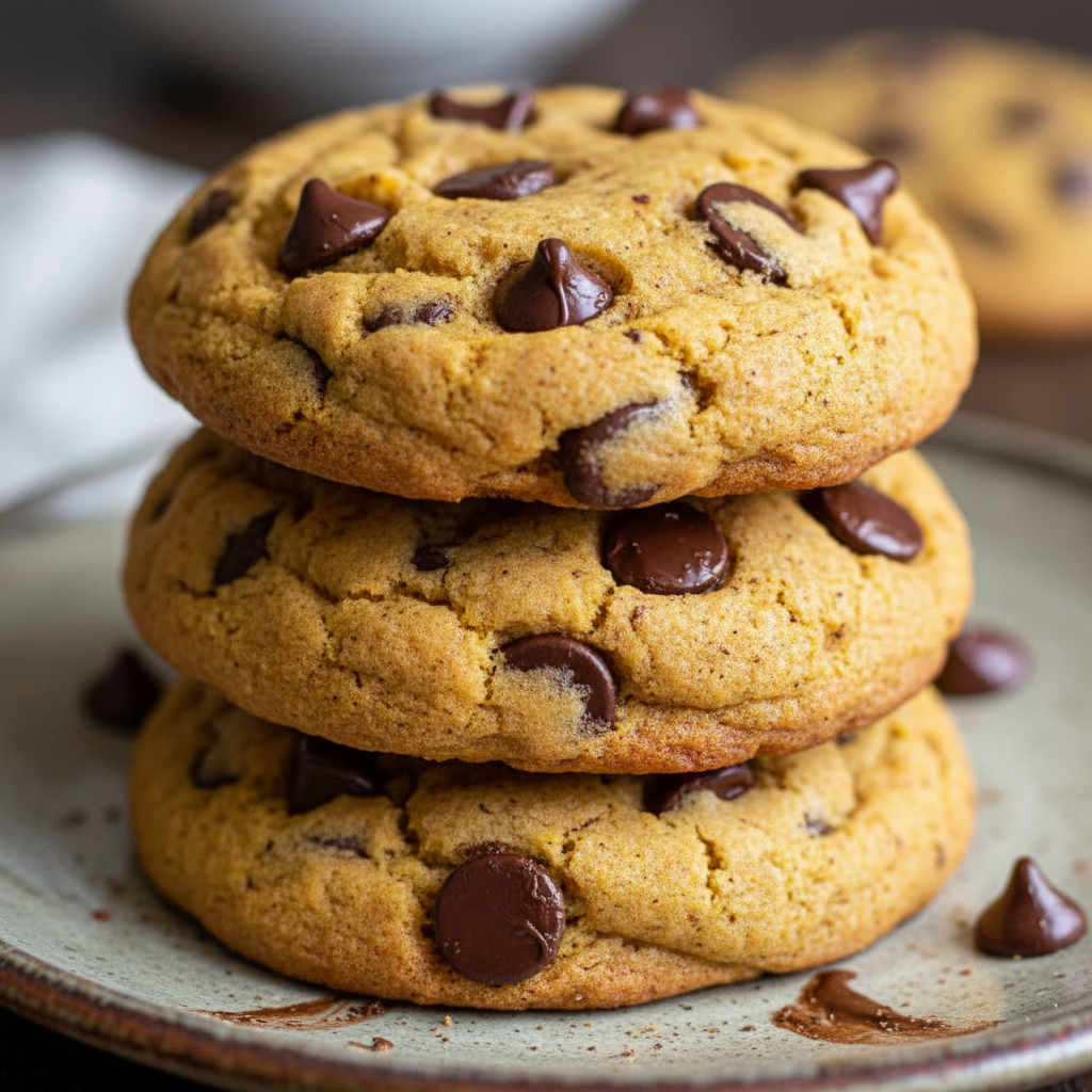 Soft, chewy pumpkin chocolate chip cookies stacked on a white plate, ready to enjoy.