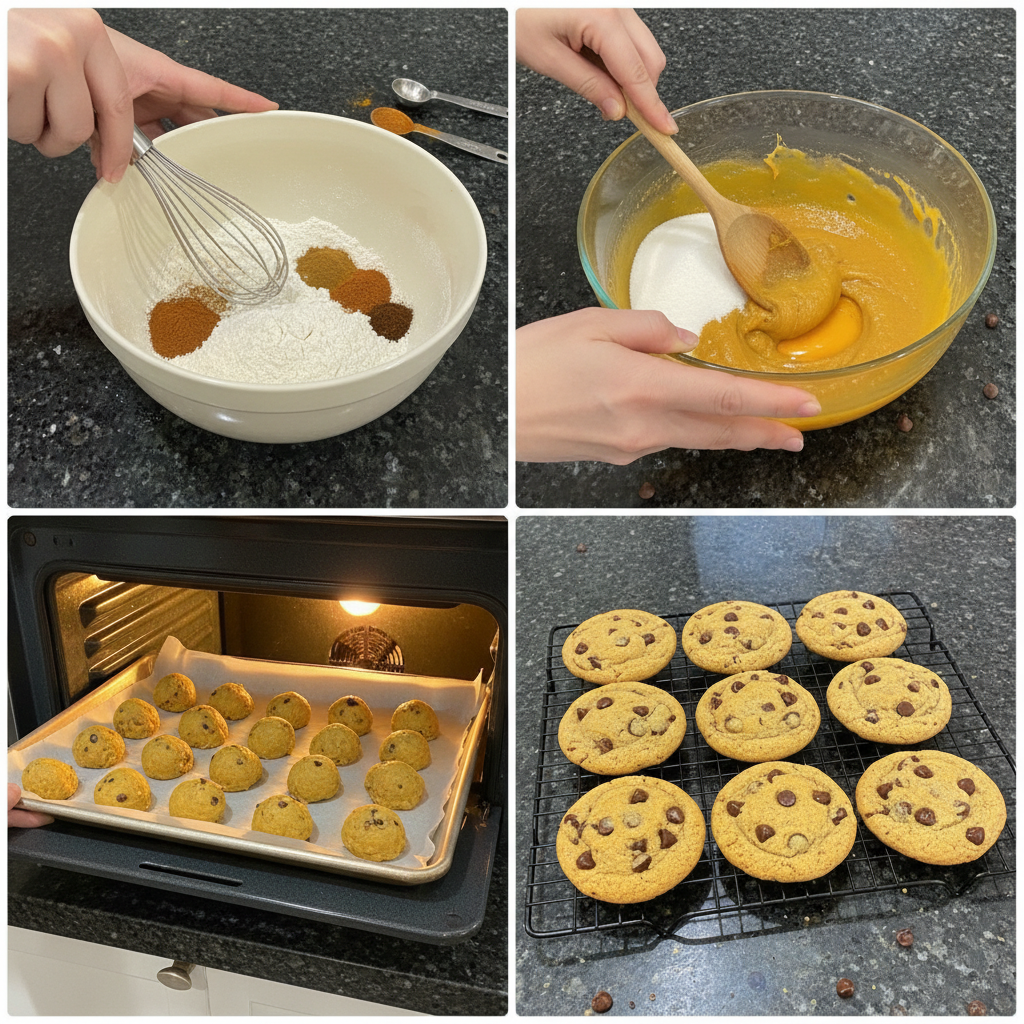 A hand mixing the dough for pumpkin chocolate chip cookies in a large glass bowl.