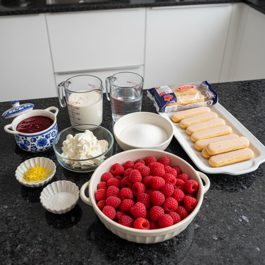 raspberry-tiramisu-ingredients Fresh raspberries, mascarpone cheese, ladyfingers, and coffee, essential for making raspberry tiramisu.