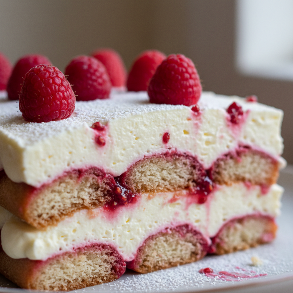 A vibrant slice of raspberry tiramisu with ladyfingers and fresh berries, ready to be enjoyed.